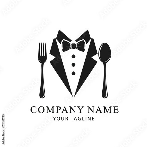 A black and white logo featuring a spoon as a head, a bow tie, and a tuxedo, with a fork and a small plate on the side, representing a formal dining or catering service.