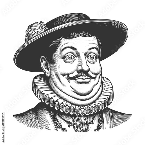 Renaissance nobleman with ornate clothing, ruffled collar, mustache, jewelry, and wide-eyed humorous expression sketch engraving generative ai vector illustration. Scratch board. Black and white image