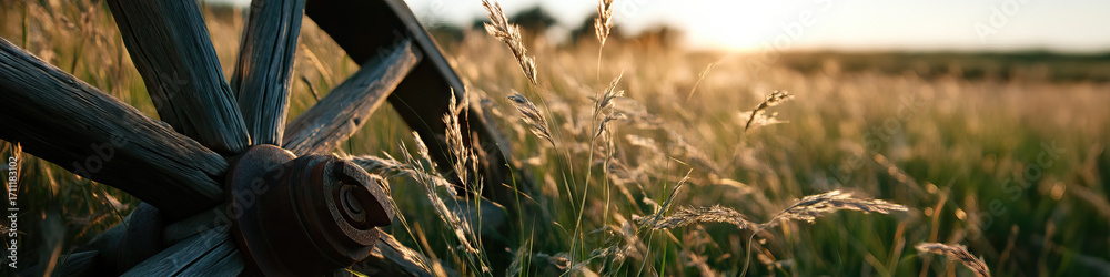 Fototapeta premium Wooden Wagon Wheel in Grassland at Sunset