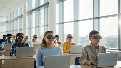 Students in modern classroom wearing augmented reality glasses and using laptops, showcasing advanced technology in education