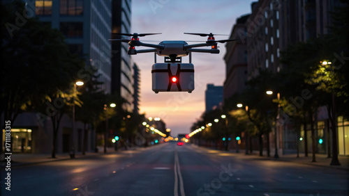 Medical drone carrying defibrillator flies through quiet city street at dusk, showcasing innovative emergency response technology