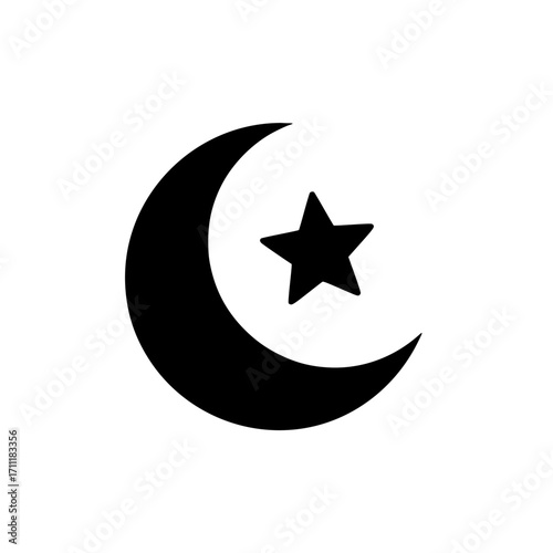 Crescent moon icon vector representing astronomy, night sky, celestial body, and lunar phase in simple black silhouette.