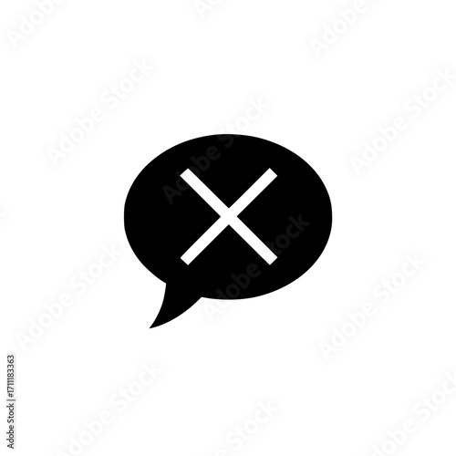 Speech bubble with X icon vector representing muted conversation, chat block, communication cancel, and message rejection in simple black style.