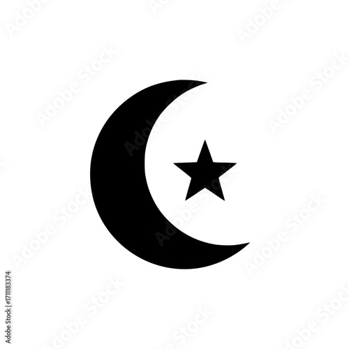 Crescent moon with star icon vector symbolizing night sky, astronomy, and celestial lunar phases in bold black silhouette style.