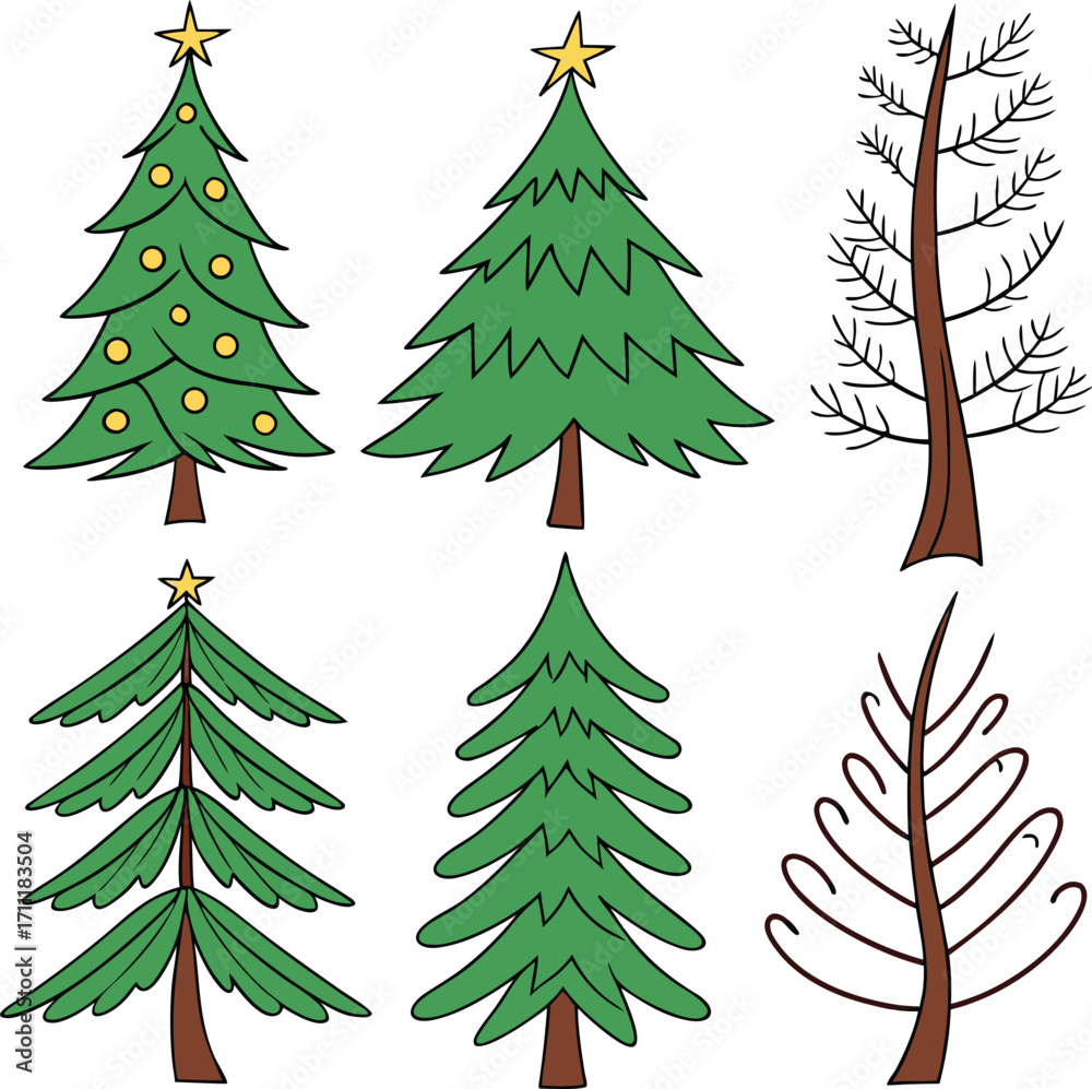 Fototapeta premium Collection of six festive Christmas trees and bare winter trees