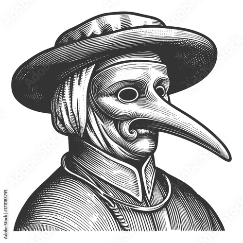 plague doctor wearing beaked mask, round goggles, and traditional historical clothing with ruff collar sketch engraving generative ai vector illustration. Scratch board. Black and white image.