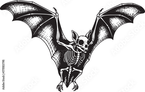 A detailed black and white drawing of a flying bat skeleton with outstretched wings