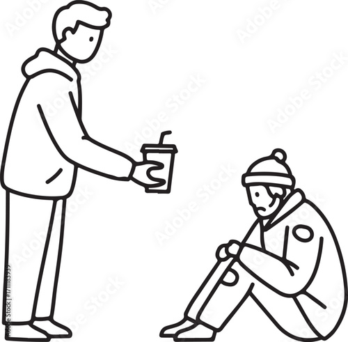 A compassionate person offering a warm beverage to a homeless individual sitting on the ground