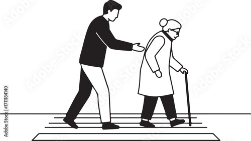A caring person helping a senior woman with a cane to cross the street