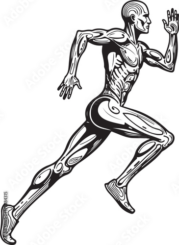 A black-and-white illustration of a human running figure, highlighting the muscular and skeletal structure.
