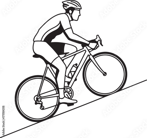 A black-and-white line drawing depicts a cyclist in full gear, including a helmet and cycling shorts, riding a road bike uphill.