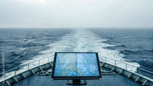 Digital maritime map overlay displayed on ship deck overlooking open sea, with misty horizon and choppy waves