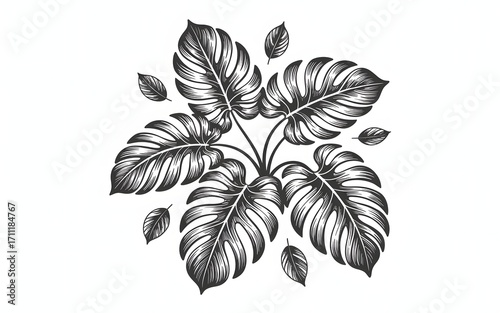 Elegant Monochrome Stamp Illustration of Tropical Leaves