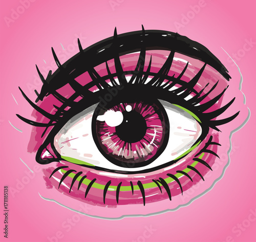 A pop-art-inspired sticker featuring a bold and dramatic eye with vibrant pink and green makeup