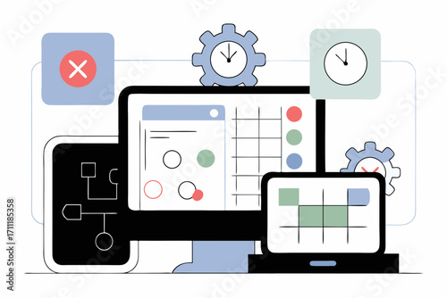 Modern digital workflow visualized with technology and time elements, showcasing progress and efficiency