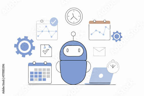 Cute friendly robot assistant managing tasks, data, and schedules for efficient business operations.