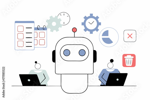 Robot assists people working on laptops with tasks, schedules, and data analysis for efficiency.