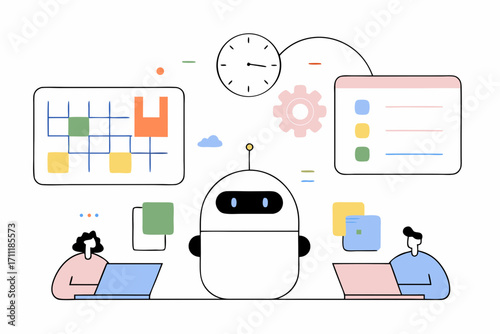 Team collaborating with AI robot for efficient workflow and project management, modern business concept