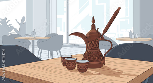 Arabic Coffee Pot and Cups in Modern Cafe Stock Photo
