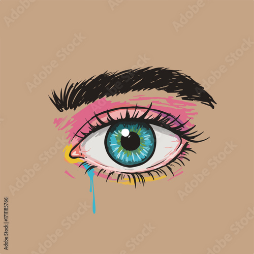 A colorful and stylized close-up illustration of a crying eye with vibrant blue and pink makeup.