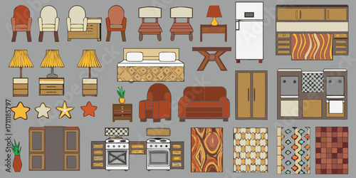 Collection of cartoon style furniture and home decor items for interior design and illustration