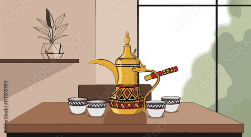 Arabic Coffee Pot with Cups on Wooden Table Traditional Middle Eastern Coffee Set Gold Dallah