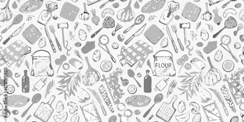 Whimsical hand drawn sketch pattern of kitchen utensils and food ingredients on white background