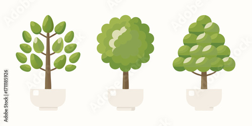 Three stylized potted trees with different leaf shapes and canopy styles in a clean flat design