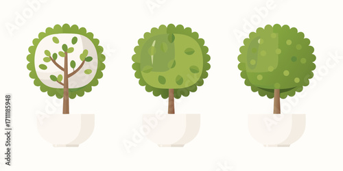 Three stylized potted trees with green foliage and brown trunks on a white background