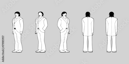 Retro man in suit and bell bottoms displayed from multiple angles in line art style