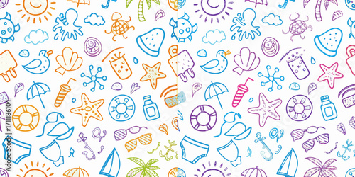 Fun hand drawn summer vacation icons seamless pattern background with sun clouds palm trees and beach items