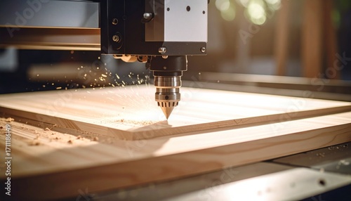 Precision CNC Wood Router in Action. Close-up view of a router cutting a wooden panel