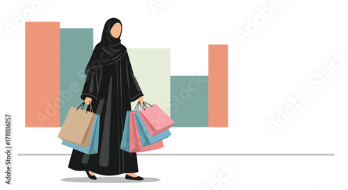 Arab Woman in Abaya Shopping Ecommerce Retail Consumerism Modern Muslim Lifestyle