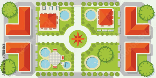 Aerial view of a modern residential complex with l shaped buildings and circular pools arranged around a central plaza