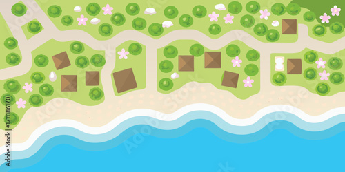 Aerial view of a charming tropical island resort with bungalows lush green trees and a sandy beach meeting the ocean waves