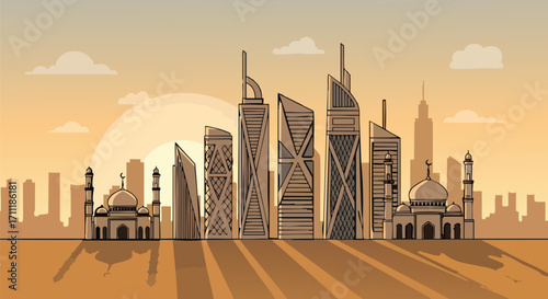 Modern Arabian City Skyline at Sunset Flat Vector Illustration