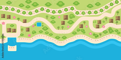 Charming cartoon island village with winding paths houses palm trees and a sparkling blue ocean