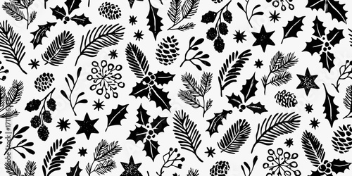 Black and white hand drawn christmas pattern with pine branches holly berries and snowflakes
