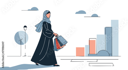 Muslim Woman in Abaya Shopping in Modern City Retail Fashion and Islamic Culture Concept