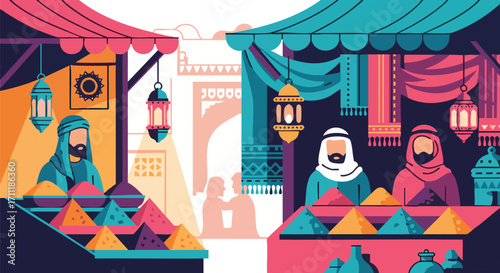 Vibrant Arabian Souk Market Illustration Spices Textiles and Culture