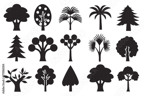 Set of diverse tree silhouettes showcasing various species in simple black and white design