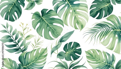 Seamless Botanical Pattern of Twisted Tropical Leaves in Green Tones