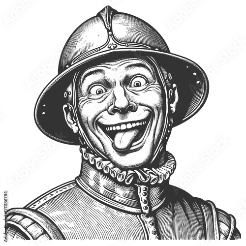 medieval soldier in armor and helmet, making a silly face with tongue out in a comic style sketch engraving generative ai fictional character vector illustration. Scratch board. Black and white image.