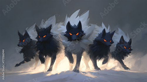 Five majestic dark wolves glowing brightly.