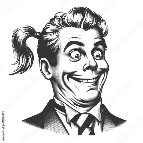 man in suit and tie, wearing a ponytail, with exaggerated funny grin and wide eyes sketch engraving generative ai fictional character vector illustration. Scratch board imitation. Black and white.