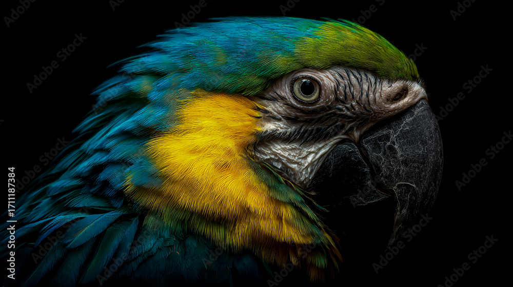 Obraz premium Beautiful, colorful parrot bird with vibrant blue, green, and yellow feathers against a black background