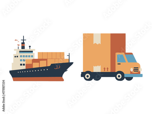 Simple Flat Vector Illustration of a Cargo Ship Transporting Containers and a Truck Delivering a Large Package on a transparent Background
