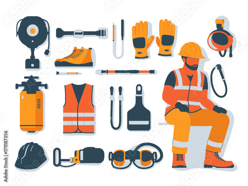 Work Safety Equipment with Worker Silhouette on transparent Background Gear Tools and Protection Items Hard Hats and Orange Vests
