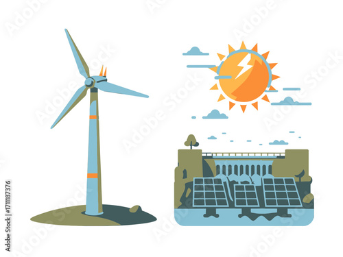 Energy Production Vector Illustration Featuring a Wind Turbine Solar Panel and Hydroelectric Dam with a Yellow Sun and Clouds Against a transparent