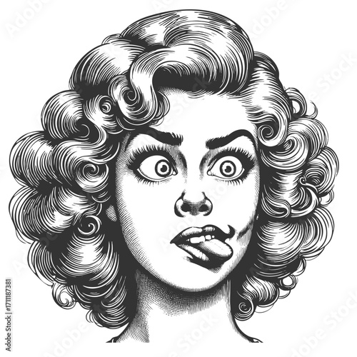 woman with curly hair, wide eyes, and tongue sticking out in a playful silly expression sketch engraving generative ai fictional character vector illustration. Scratch board. Black and white image.